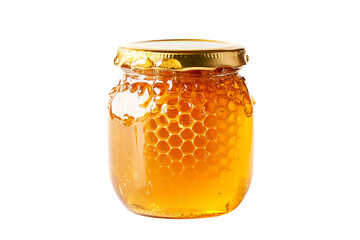 Natural honey in a jar that highlights honeycomb isolated on white transparent background