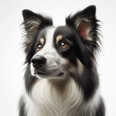 Obraz premium Close-up of a border collie dog with black and brown fur looking attentively at the camera on a white background. Generated by AI.