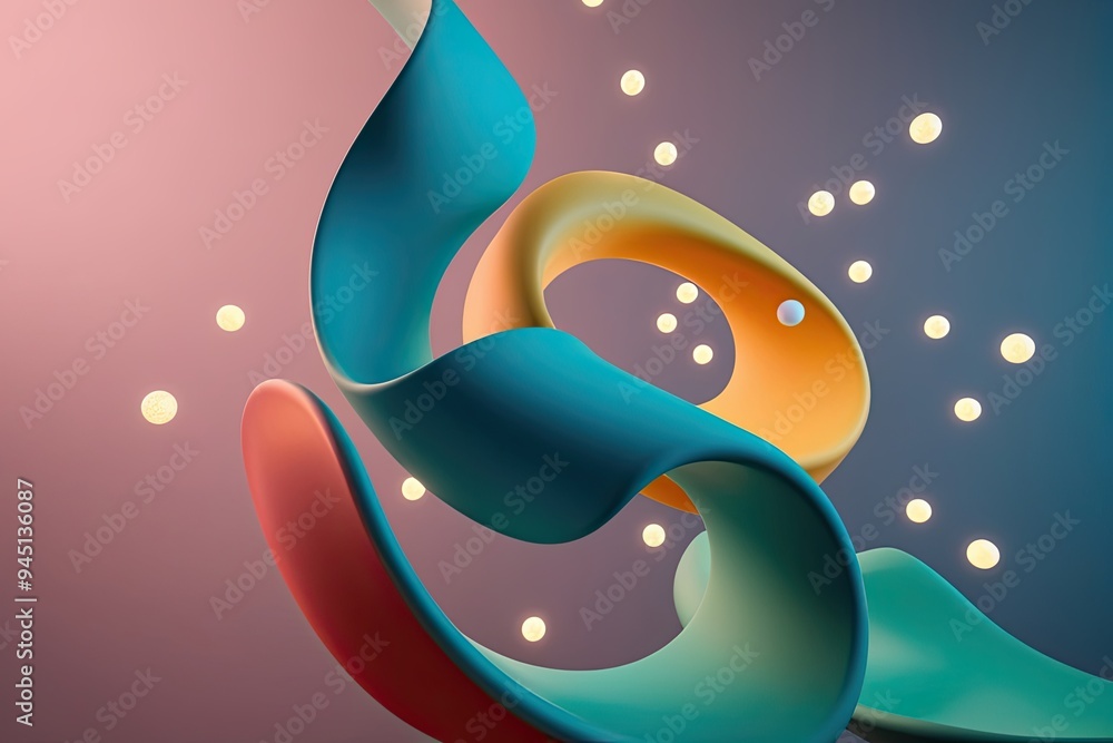 Poster 3d visualization of flowing curved shapes and glowing objects in vibrant chromatic design