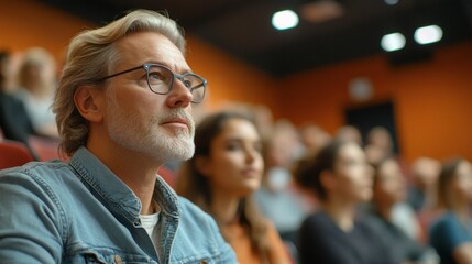 Fototapeta premium A man in a blue jacket is sitting in a theater with a crowd of people