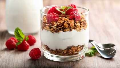 Delicious Yogurt Parfait Layered with Granola and Fresh Raspberries