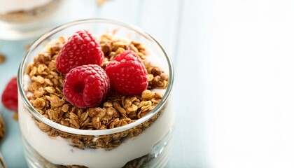 Delicious Yogurt Parfait Layered with Granola and Fresh Raspberries