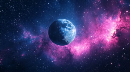 Obraz premium Cosmic night sky with the moon surrounded by vibrant nebulae and distant galaxies, deep space feeling