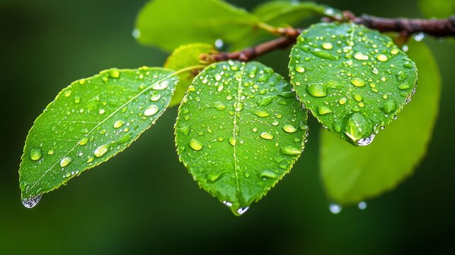 A close-up image of a cluster of rain-drenched leaves on a branch
