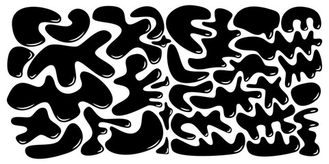 Set of liquid organic shapes. Abstract irregular random blobs. Black wavy bubbles and drops in trendy y2k style.