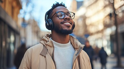 Fototapeta premium happy young adult African man hipster wearng headphone standing on city street outdoors looking away dreaming. copy space for text.