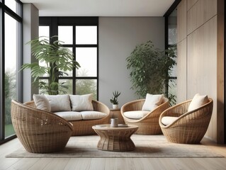 Modern Living Room with Wicker Furniture and Plants