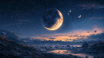 Glowing moon in the night sky, soft light casting a peaceful ambiance over a quiet landscape