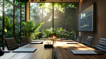Conference room with large windows overlooking lush greenery.