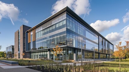 Fototapeta premium A state-of-the-art research facility with advanced architectural design. The building includes specialized labs, cutting-edge technology