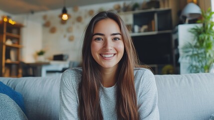 Head shot portrait smiling woman making video call to friends or relatives, using webcam, sitting on couch at home, happy young female blogger recording vlog. copy space.