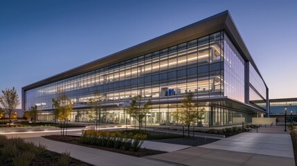 A state-of-the-art research facility with advanced architectural design. The building includes specialized labs, cutting-edge technology