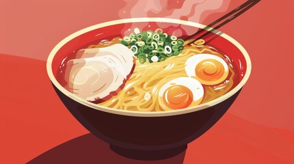 A steaming bowl of ramen with tender noodles, flavorful broth, and an assortment of toppings such as soft-boiled eggs, sliced pork, and green onions.