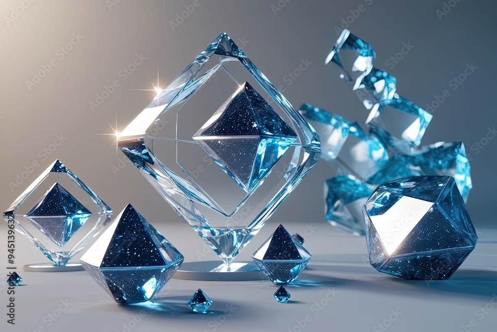 Poster futuristic 3d graphics with shimmering geometric shapes and distorted crystal objects on clear backg