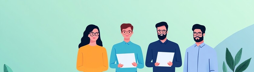 Fototapeta premium A group of four young professionals standing together, holding documents, and wearing casual attire on a pastel background.