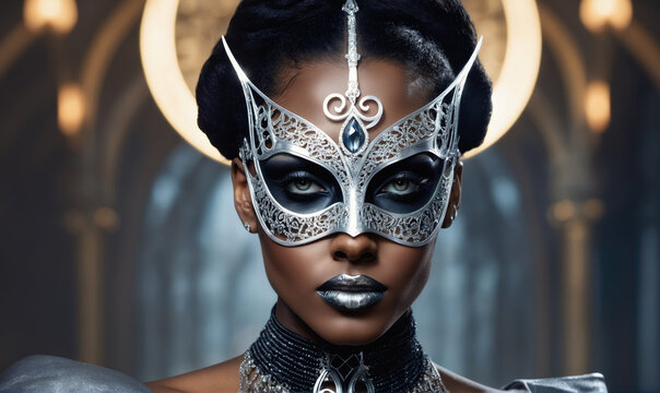 A woman wearing a silver masquerade mask looks directly at the camera
