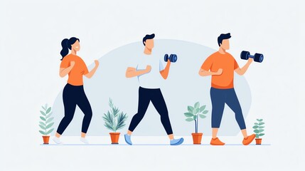 Illustration of three people exercising with dumbbells amid plants, showcasing fitness and a healthy lifestyle.