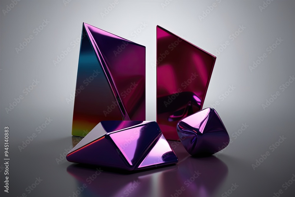Poster glossy abstract geometric shapes in 3d rendering with dispersion spectrum effects