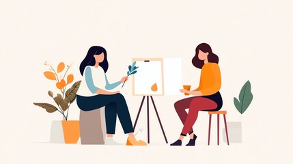 Fototapeta premium Illustration of two women engaging in a painting session with plants and art supplies, fostering creativity and relaxation.