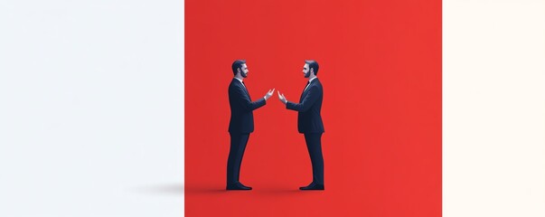 Two businesspeople shaking hands in a modern minimalist setting with a bold red and white color scheme, symbolizing cooperation and partnership.