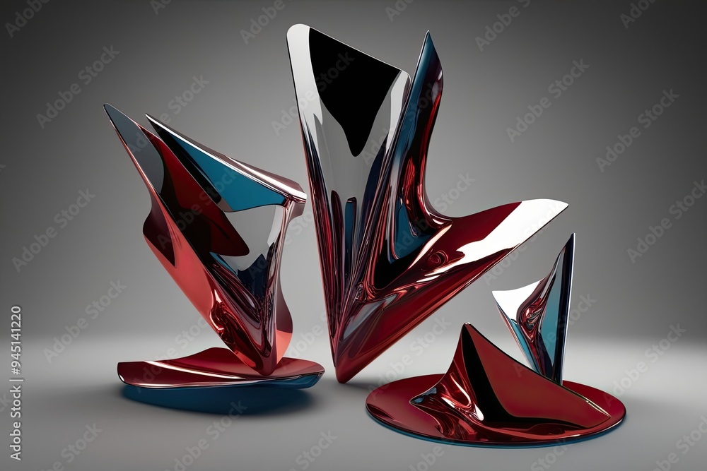 Poster 3d rendering of vibrant nonlinear shapes with glossy distorted glass fragments