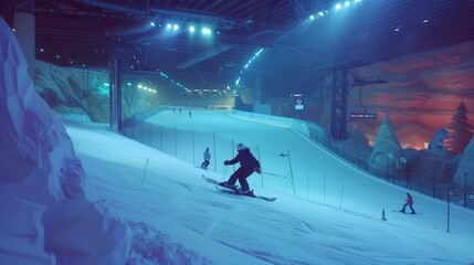 A thrilling adventure at Ski Dubai in the Mall of the Emirates. The scene features indoor skiing, snowboarding