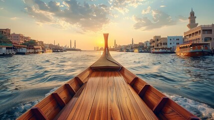 A traditional abra ride across Dubai Creek. The scene includes the wooden boat, historic buildings, and bustling waterfron