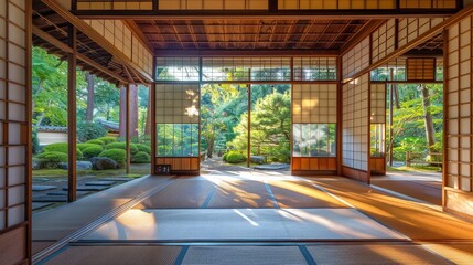 Fototapeta premium A traditional Japanese tea house with elegant architecture. The design includes tatami mats, sliding doors