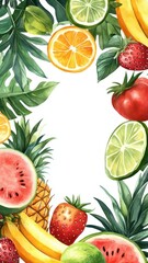 Watercolor frame fruits with Various type of fruits,Pineapple, watermelon,banana,orange, lime on white background. Hand painting on paper,set of fruit in watercolor style vector illustration.