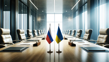 A modern conference room with Russia and Ukraine flags on a long table, symbolizing a bilateral meeting or diplomatic discussions between the two nations.