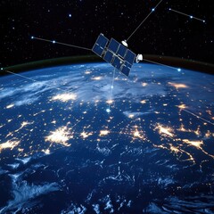 Mobile networks powered by telecommunication satellites, visualizing signal transmission from space to earth.