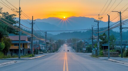 A Single Car Drives Down an Empty Road in a Mountainous Town at Dawn