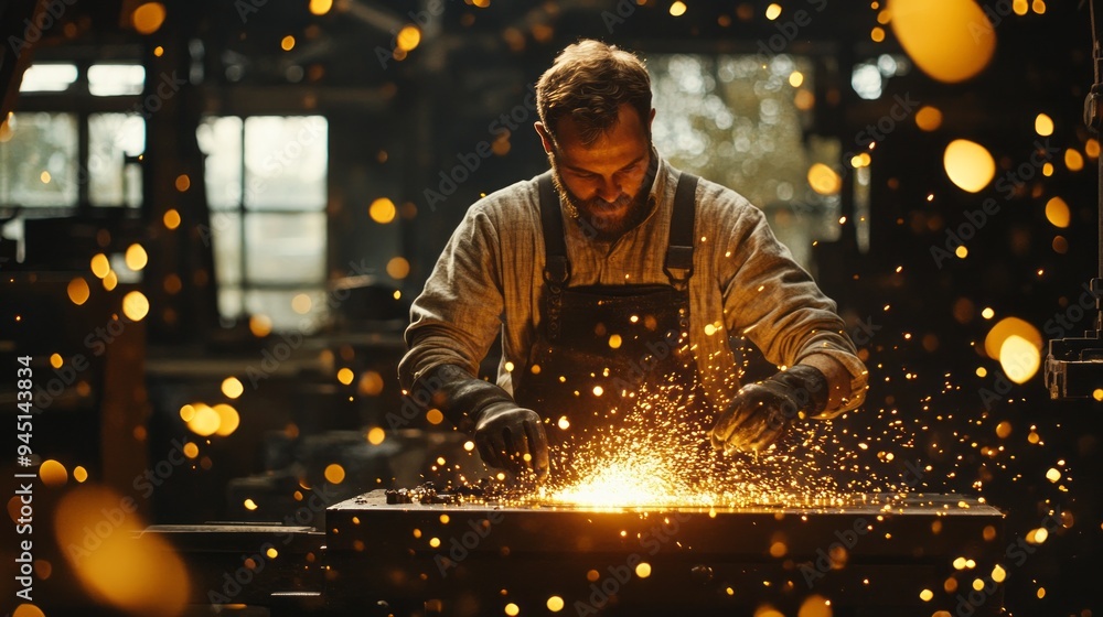 Poster a man is working on a piece of metal in a workshop