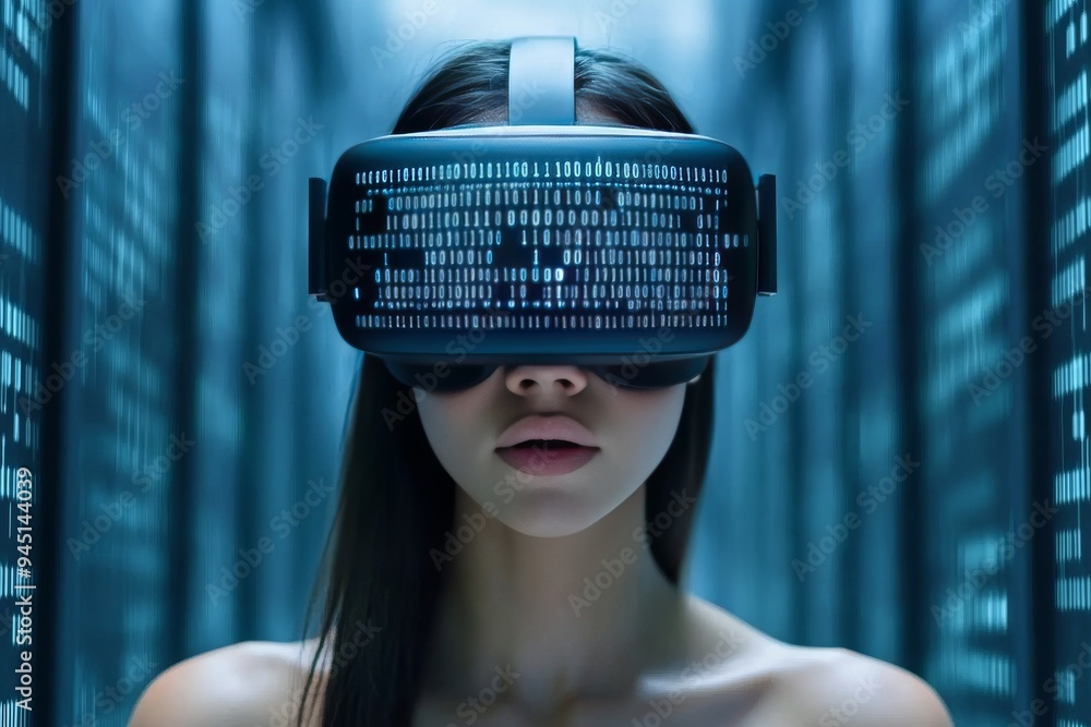 Poster futuristic portrait of a woman wearing a virtual reality headset in a high tech environment explorin