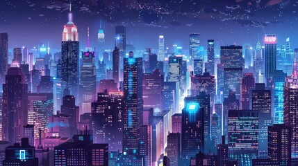 Obraz premium A vibrant cityscape at night, where skyscrapers are illuminated with countless lights, creating a breathtaking mosaic against the dark sky.