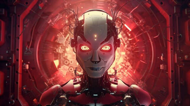 3D render of a red and white robot woman with glowing eyes, set in a futuristic room with red lighting effects and a tech-inspired, sci-fi aesthetic background. Generative ai
