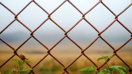 Fototapeta premium A close-up shot of a rusted chain-link fence with weeds and overgrowth surrounding it