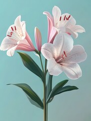 Fototapeta premium A digital illustration of elegant white lilies with pink accents on a soft background.