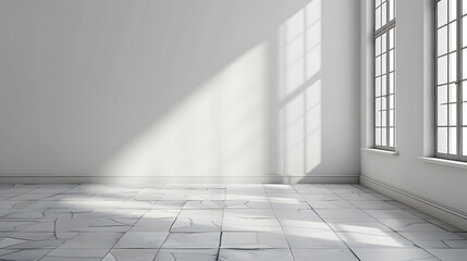 Obraz premium Sunlight streams through windows onto the tiled floor of an empty room.