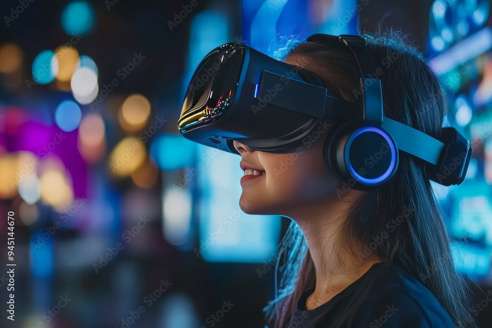 Aufkleber woman enjoying a virtual reality experience in an urban night setting with twinkling lights capturin