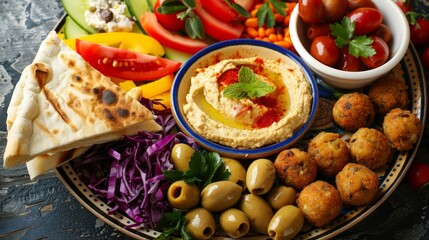 A vibrant Mediterranean mezze platter with hummus, olives, falafel, pita bread, and fresh vegetables