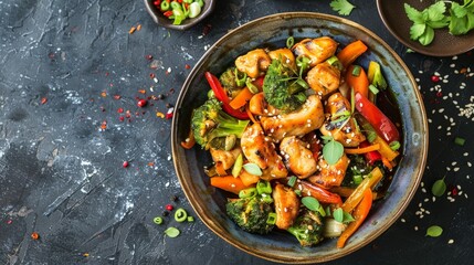 A vibrant stir-fry dish with colorful vegetables, tender chicken, and a savory sauce. The dish is quick, healthy