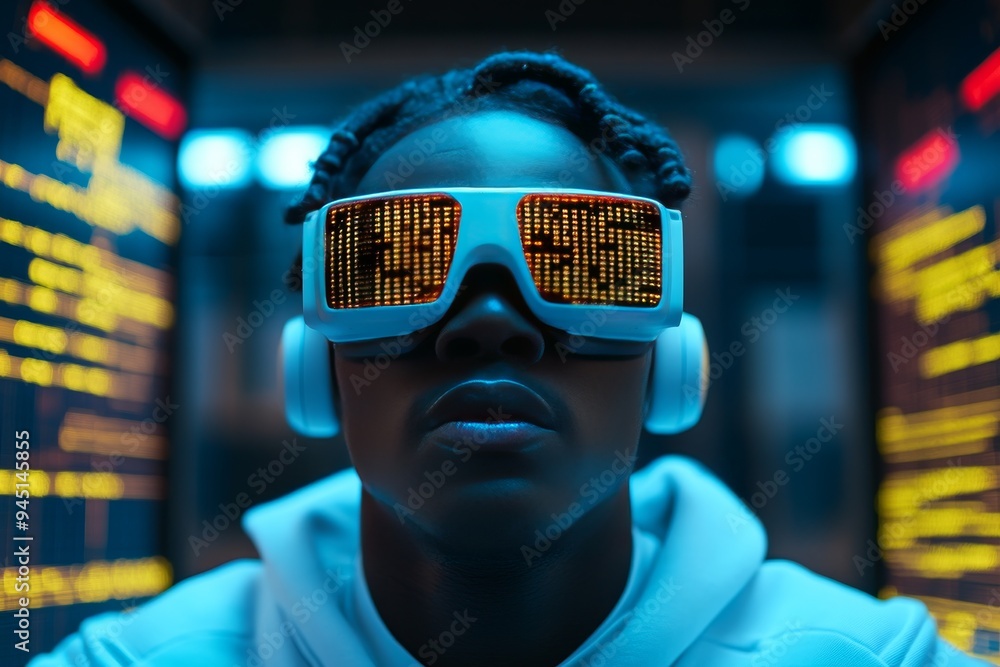 Poster man wearing futuristic glasses surrounded by streaming data representing the immersive experience of