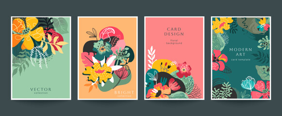 Set of four vector pre-made cards in modern style with nature motifs, flowers and leaves.