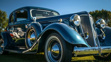 A vintage classic car displayed at an outdoor car show, featuring its polished chrome details and retro styling.