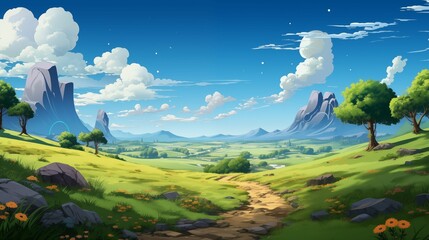 Obraz premium Beautiful landscape background, cartoon anime background, grassy field with a dirt path leading to mountains in the distance. Generative ai