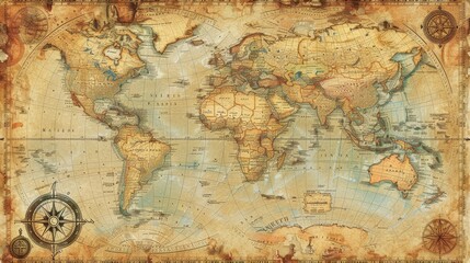 A vintage-style world map with intricate cartographic details. The map includes old-fashioned decorative elements