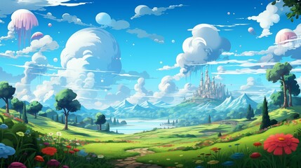 Beautiful landscape background, cartoon anime background, grassy field with a dirt path leading to mountains in the distance. Generative ai
