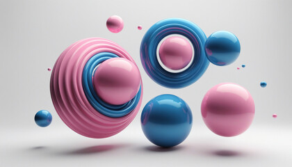 3d render realistic primitives composition. Flying shapes in motion isolated on white background. Abstract theme for trendy designs. Spheres, torus, tubes, cones in metallic blue and pink colors.