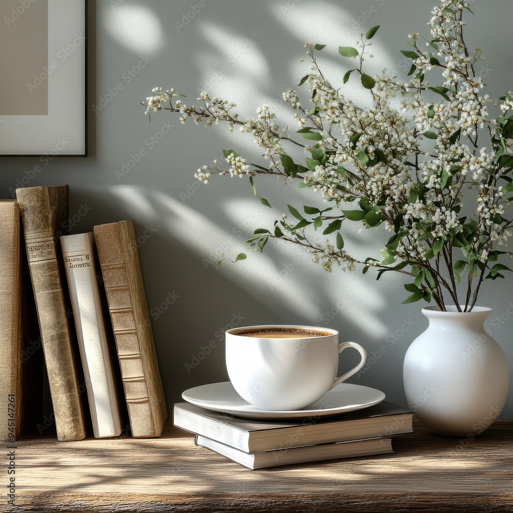 Wall mural Clean white desk setup with books, plant, and coffee, designed for copy space. 